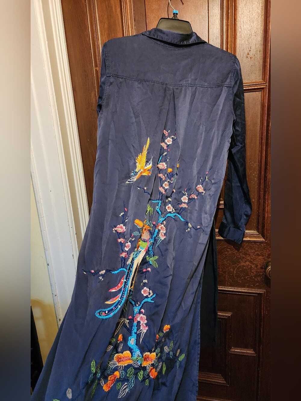 Johnny Was Navy 100% Silk Embroidered Bird Chinoiserie Shirtdress Duster-Small